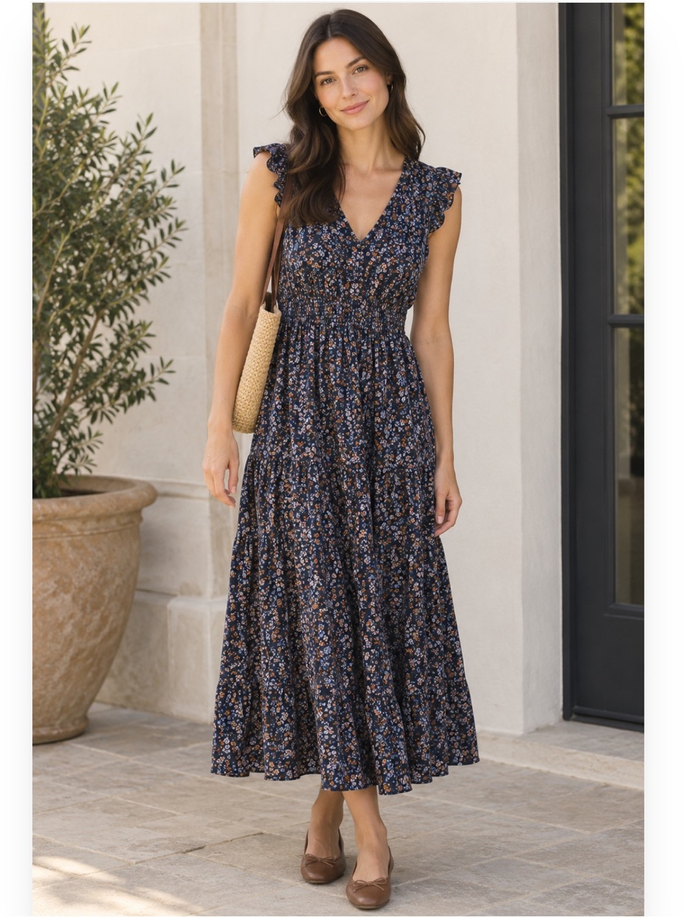 formal old navy dresses | | Old Navy Navy Blue Floral Midi Dress With Ruffle Cap Sleeve Shoulder Satin dress